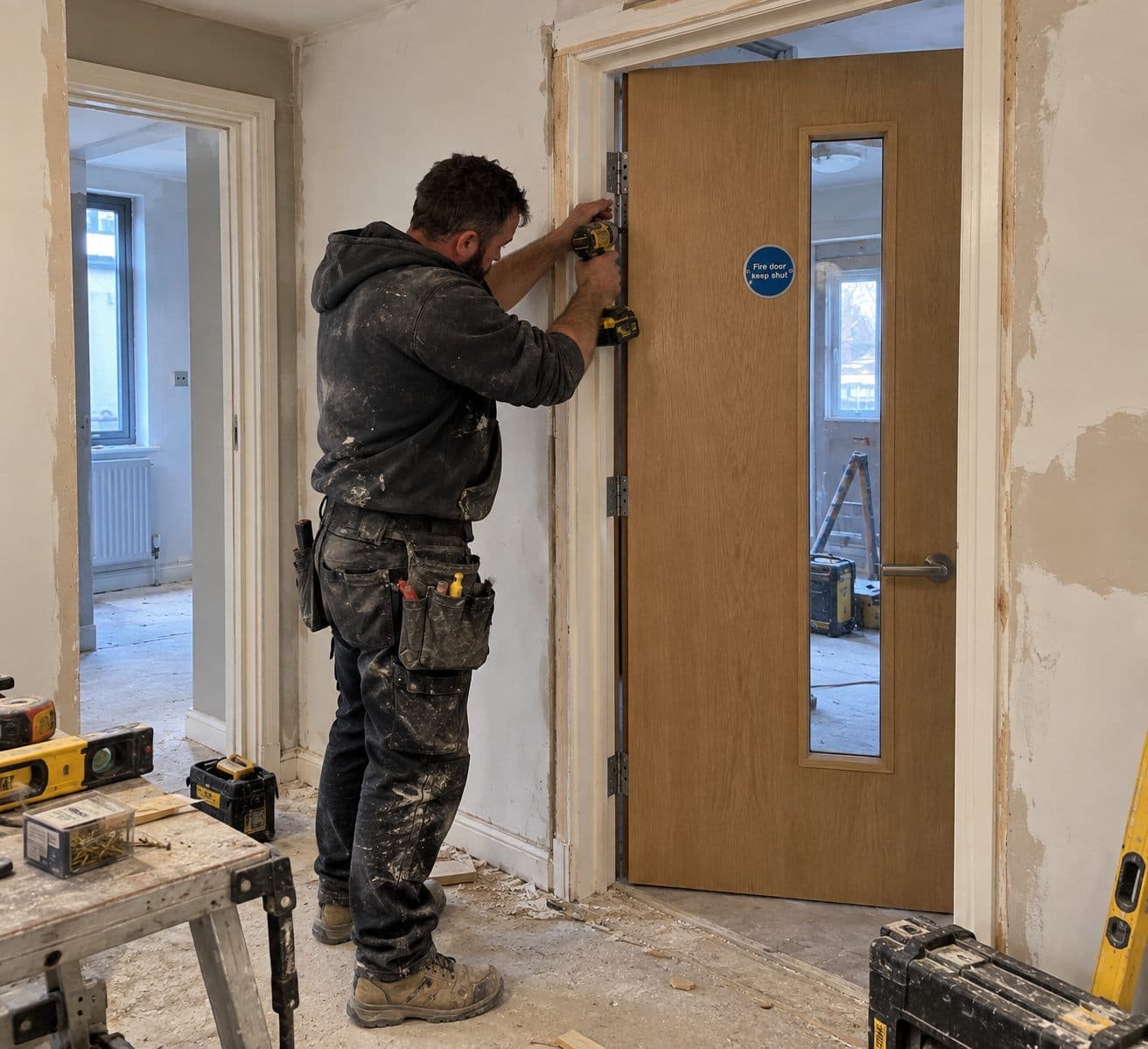 Wooden glazed internal door being hung and adjusted in its frame